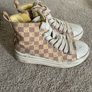 Checkerboard High-Top Platform Sneakers in Yellow and Pink